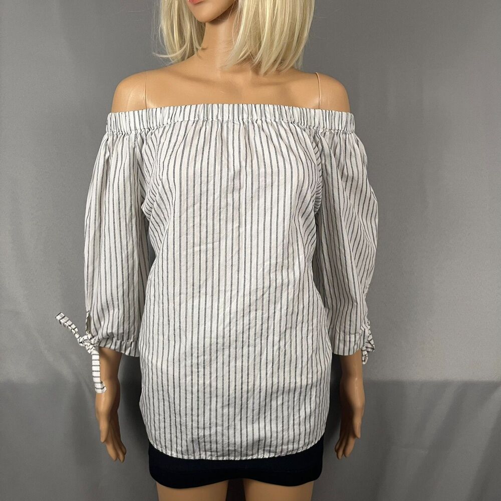 Per Se Womens Blouse‎ Medium White Black Striped 3/4 Sleeve Off Shoulder Tunic